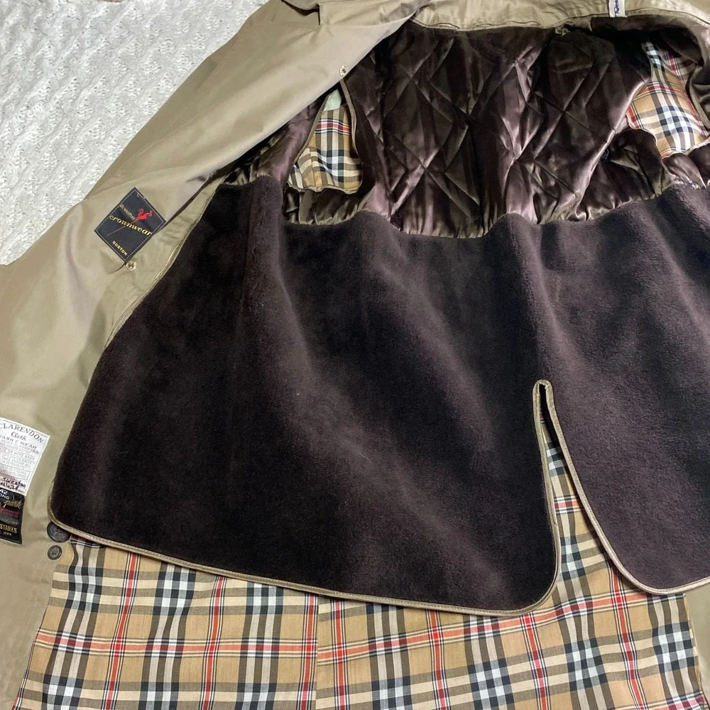 VTG Designer Trench Clarendon Cloth Tan Khaki Double Breasted‎ Belted Coat Sz 42